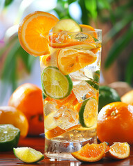 A citrus cocktail in a tall glass, ice and sliced fruit offering a cool refreshment