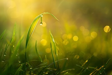 Dew drops on a single blade of grass in morning light - Powered by Adobe