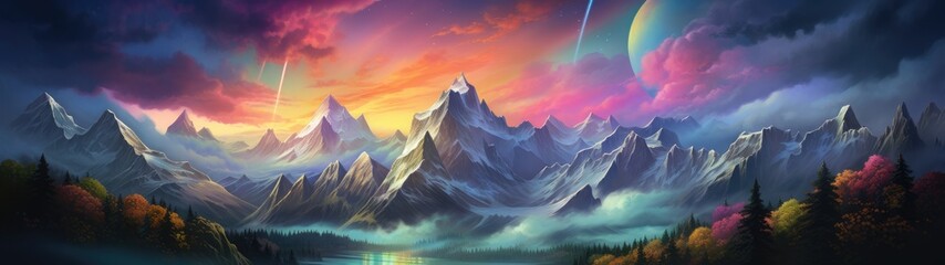 Vibrant fantasy landscape with mountains, forests, and celestial elements