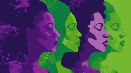 Woman's Day Banner vector, Woman history month, march, Empowering feminism, multiracial woman on a banner in different shades of purple and green