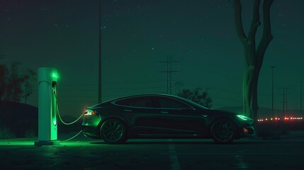 Electric car charging at a station, with its silhouette glowing green in the dark. This image represents the concept of electric vehicles.