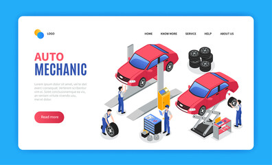 Isometric mechaninc landing page template with employees working in a workshop