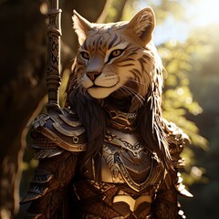 Armored fantasy cat warrior in the woods
