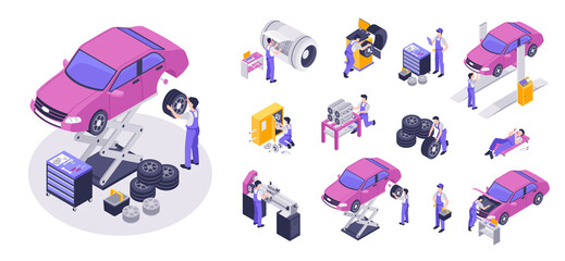 Isometric mechanic icons with illustration set collection