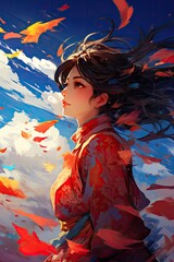 Vibrant anime-style illustration of a young woman in a red kimono against a colorful sky