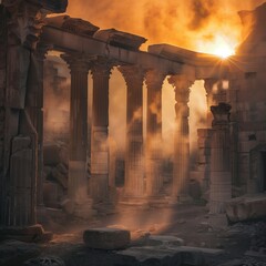 Ancient ruins with dramatic lighting.