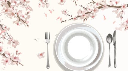 Beautiful table setting with blooming tree branch and