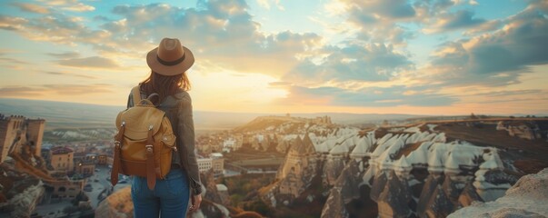 Woman observing the city from a high viewpoint at sunset.