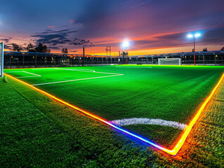 A vibrant soccer field edged with neon lights, the green turf illuminated under a night sky