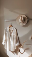 A white shirt hanging on the wall, with a hat. The background is beige, creating a minimalist style.