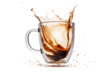 The Ambrosial Dance: A Cup of Coffee Overflowing With Liquid. On a White or Clear Surface PNG Transparent Background.