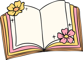 Retro groovy opened book school supplies back to school doodle drawing