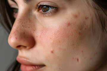 Picture generated with AI of young woman with problem skin and acne closeup