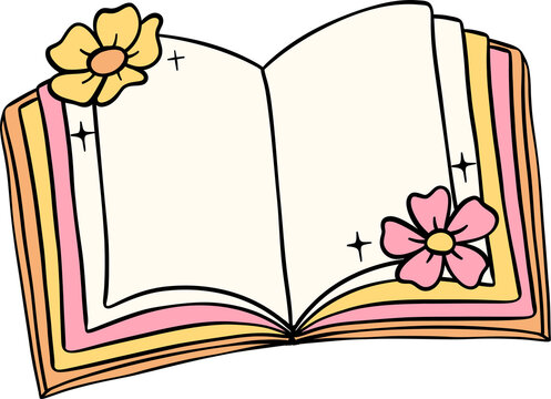Retro groovy opened book school supplies back to school doodle drawing