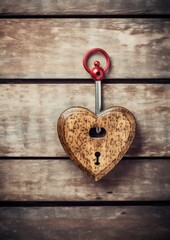 Vintage wooden heart-shaped lock on rustic wooden background