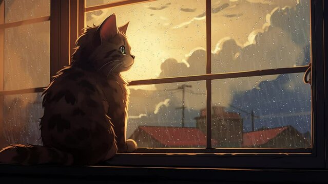Cat sitting on the windowsill, gazing at the sky and swaying its tail with rainy weather background