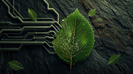 Artistic depiction of a leaf morphing into complex circuitry, a visual metaphor for green technology and biotech