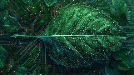 Artistic depiction of a leaf morphing into complex circuitry, a visual metaphor for green technology and biotech