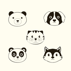 Minimalist Cartoon Animal Set: Cat, Bear, Panda, Dog, Wolf. Whimsical Vector Drawings in a Playful Style. Perfect for Prints, Merchandise, and Kids' Decor.