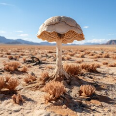 Unique mushroom in desert landscape