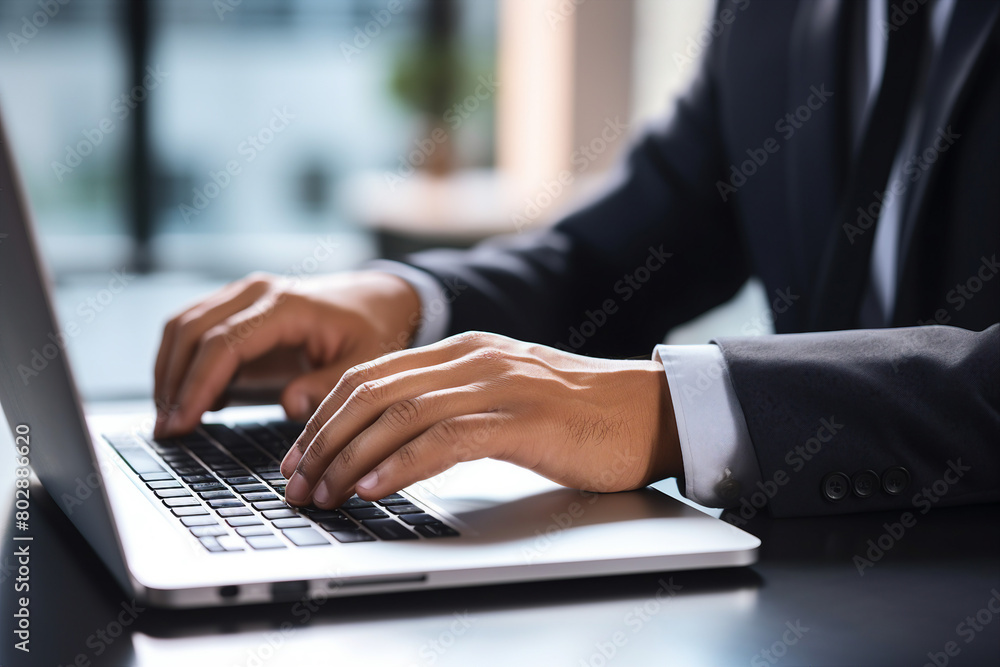 Poster generated with ai close up picture of man fingers typing on a laptop keyboard