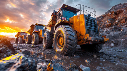 Obraz premium Heavy machinery at work at construction site. Rebuilding, reshaping, excavating, expanding. Hard work.