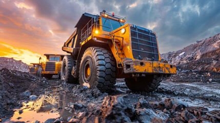 Obraz premium Heavy machinery at work at construction site. Rebuilding, reshaping, excavating, expanding. Hard work.