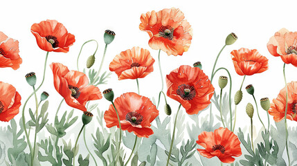 Watercolor illustration of flowering poppy
