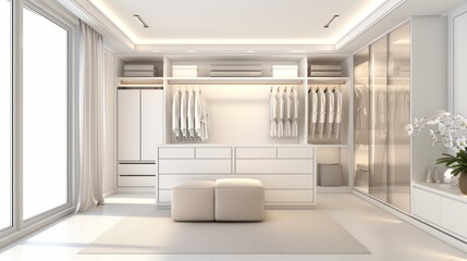 Spacious and luxurious walk-in closet with seating, clothing storage, and integrated lighting.