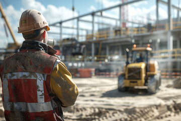 Obraz premium Construction Worker Overseeing Steel Frame Project with Loader and Crane.