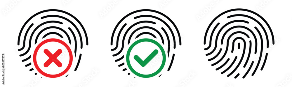 Poster set of fingerprint scan icons. thumb print symbol with approved and disapproved sign. biometric secu