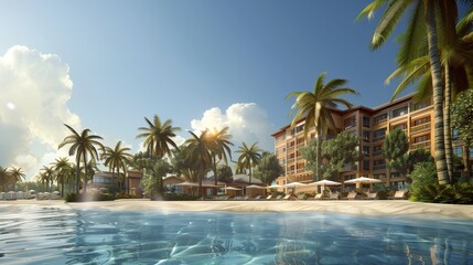 Beachfront resort hotel with palm trees.
