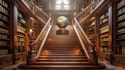 Naklejka premium Books and a globe enhance the grandeur of a historic library's central staircase.