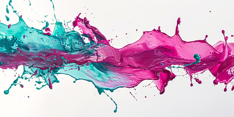 Radiant splashes of magenta and electric teal paint suspended in the air, captured with precision on a pristine white background.