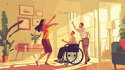 Beautiful woman in wheelchair with man dancing at home