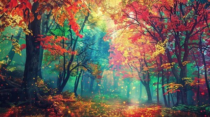An image of a forest with trees that have luminous, colorful leaves