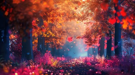 An image of a forest with trees that have luminous, colorful leaves