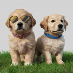 photo of a cute  puppy wearing sunglass on green natural background.