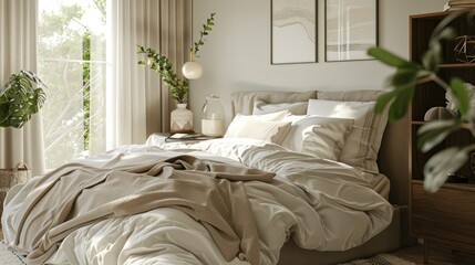 3D rendering of cozy bedroom with neutral decor and soft bedding