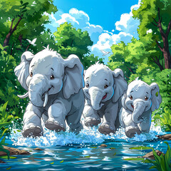 A family of elephants is playing in the water. The sun is shining, the birds are singing, and the elephants are having a great time.