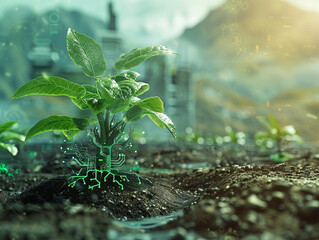 Conceptual artwork showing a plant evolving through technology, a visual narrative of future growth and innovation