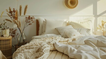 3D rendering of cozy bedroom with neutral decor and soft bedding