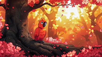 A red bird sits on a branch in a forest