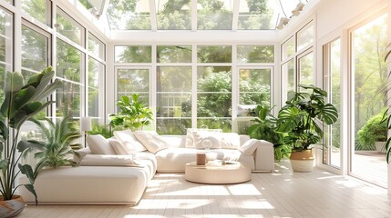Bright and airy home sunroom with panoramic windows and indoor plants.