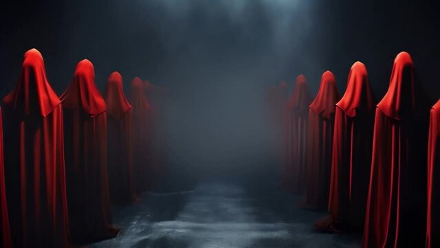 People in red cloaks and hoods perform a magical sectarian religious ceremony. The black magicians of the sect perform the rite