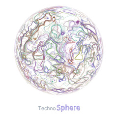 Abstract circle with lines concept on white  background. Contours  chaotic curving color lines on sphere.