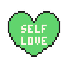 Pixel heart with text Self love in retro style. Vintage love symbol, 8 bit vector illustration for computer game.