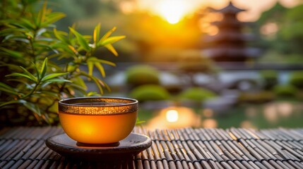 Oolong tea flowing into a traditional cup, tracing an elegant path, surrounded by oolong leaves, with an ancient temple silhouette - obrazy, fototapety, plakaty