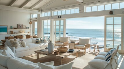 Coastal home beach house living room with nautical decor and ocean views.