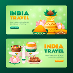 Gradient India travel horizontal banner template set collection with indian elements